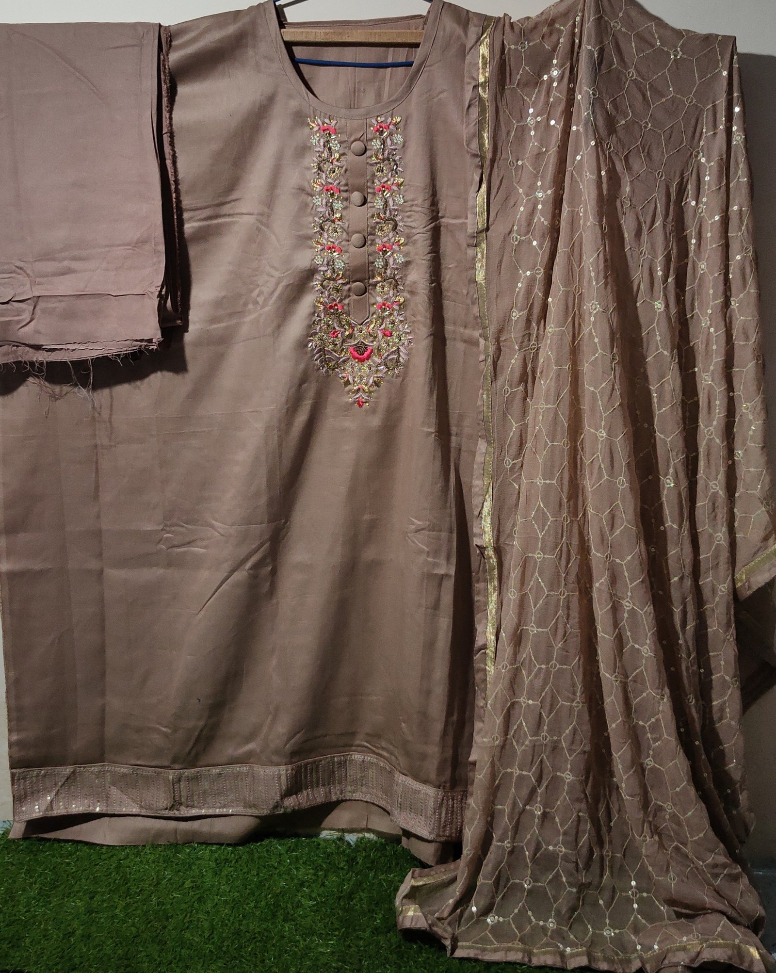 Coffee Brown Embroidered Unstitched Suit for Women - Image 2