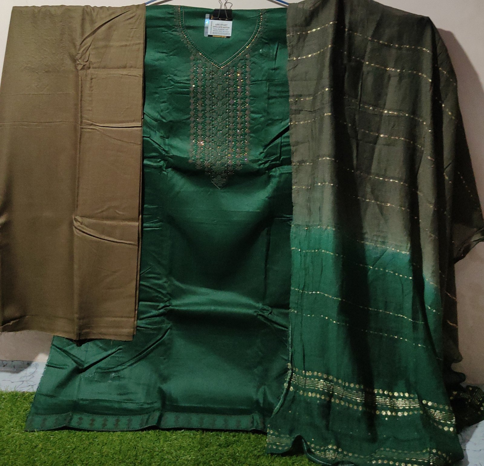 Premium Bottle Green Glace Cotton Unstitched Suit For Women - Image 2