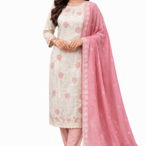 Cream & Pink Unstitched Suit with Organza Dupatta for Women
