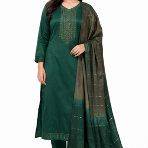 Premium Bottle Green Glace Cotton Unstitched Suit For Women