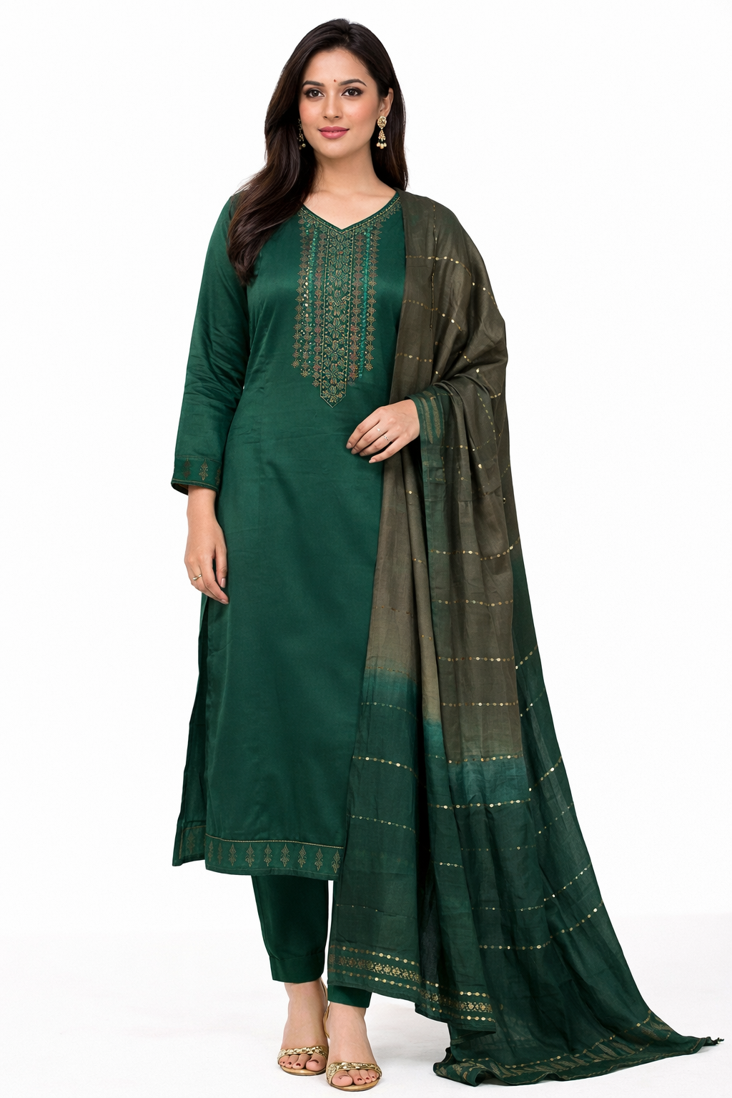 Premium Bottle Green Glace Cotton Unstitched Suit For Women