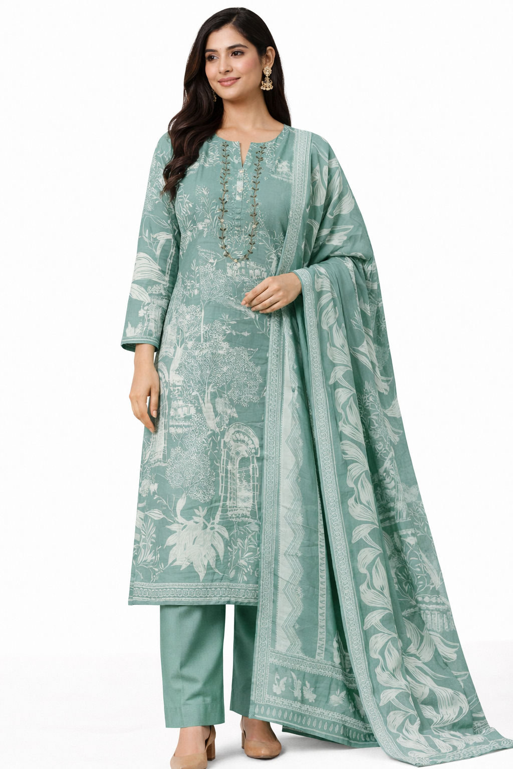 Elegant Green Floral Printed Cotton Unstitched Suit Set with Designer Dupatta