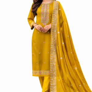 Mustard Yellow Embroidered Unstitched Suit for Women
