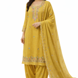 Mustard Yellow mirror & bead work Unstitched Suit for Women
