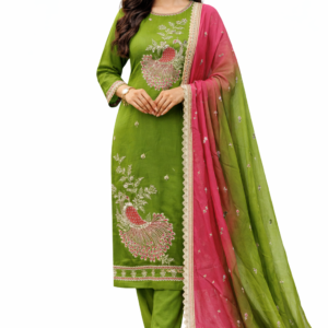 Olive Green Peacock Embroidered Unstitched Suit for Women