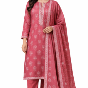 Elegant Red Floral Printed Cotton Unstitched Suit for Women