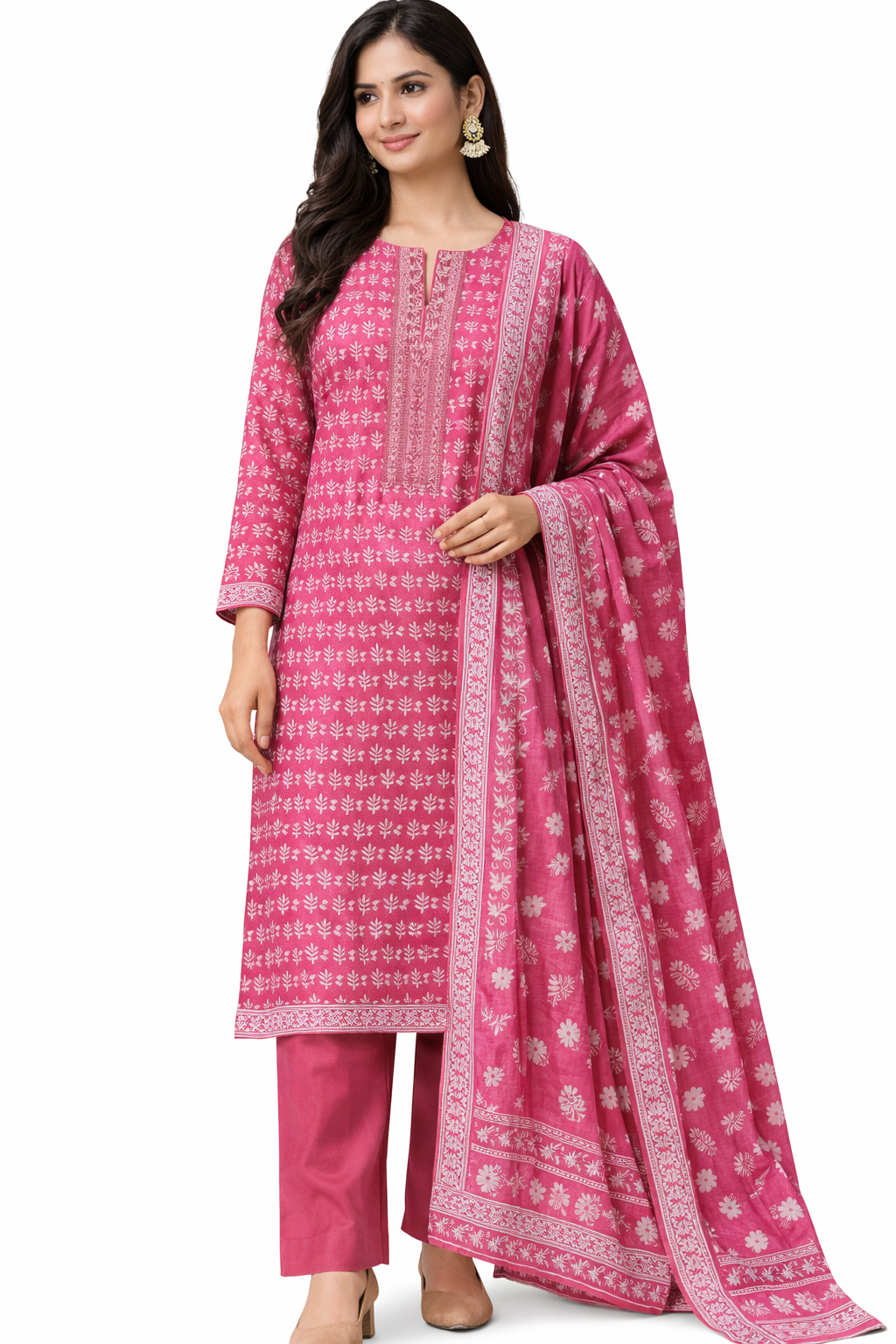 Pure Cotton Red Leaf Printed Unstitched Suit for Women