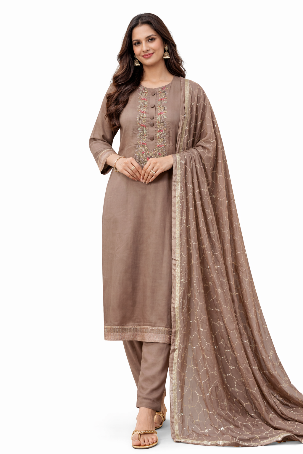 Coffee Brown Embroidered Unstitched Suit for Women